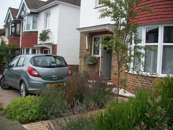 A small front garden with parking
