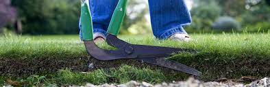 Cutting lawn edging with edgeing shears.