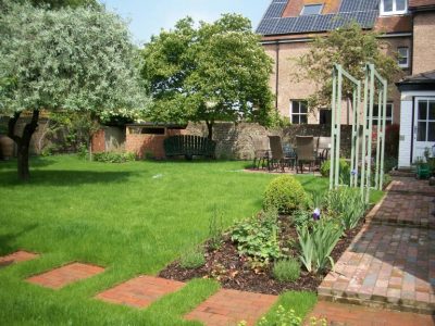 The lawn has just been laid. The finish garden from the back door.